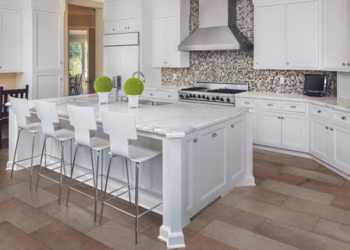 Tile Flooring in Kitchen with White Kitchen Island